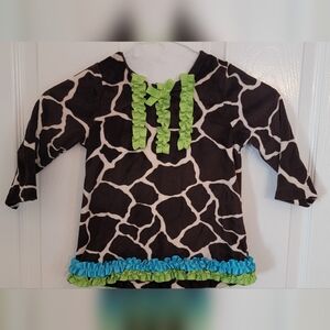 Mud Pie Giraffe Print Dress with Green and Blue Ruffles